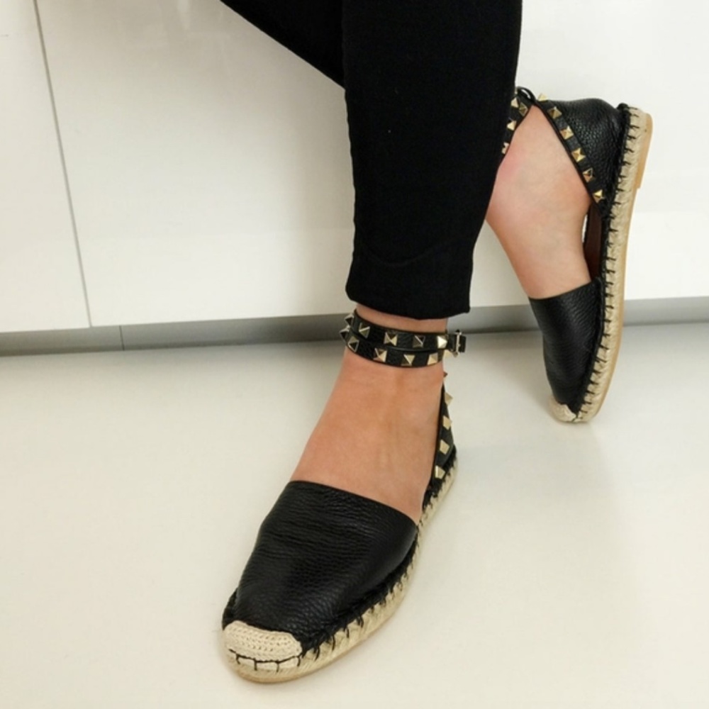 Black Leather Espadrille Flats || Size 10 || Euro 42